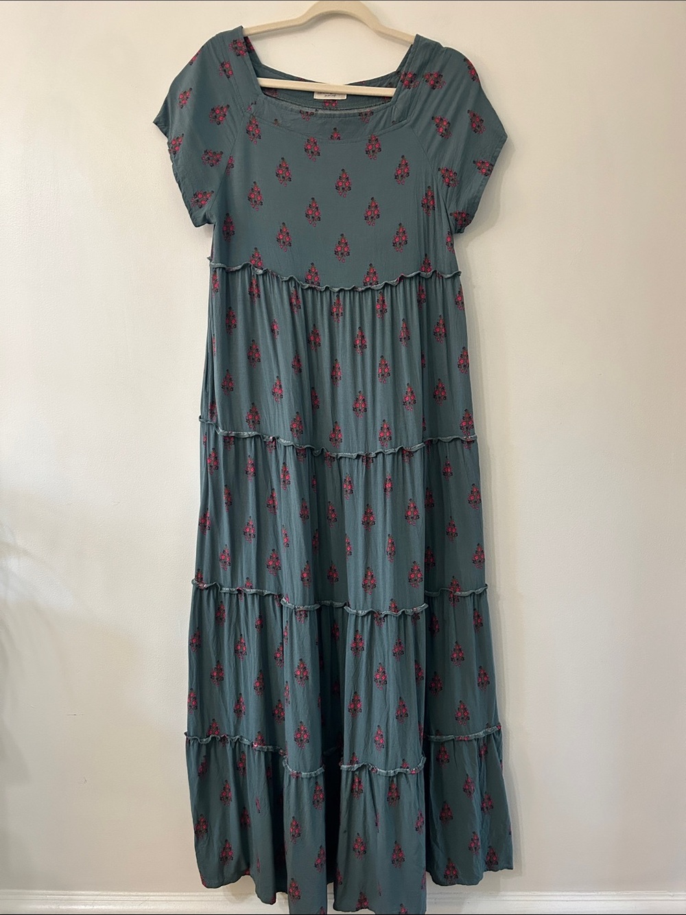 NATURAL LIFE Floral Tiered Maxi Dress Teal Size Medium Modest Cottagecore